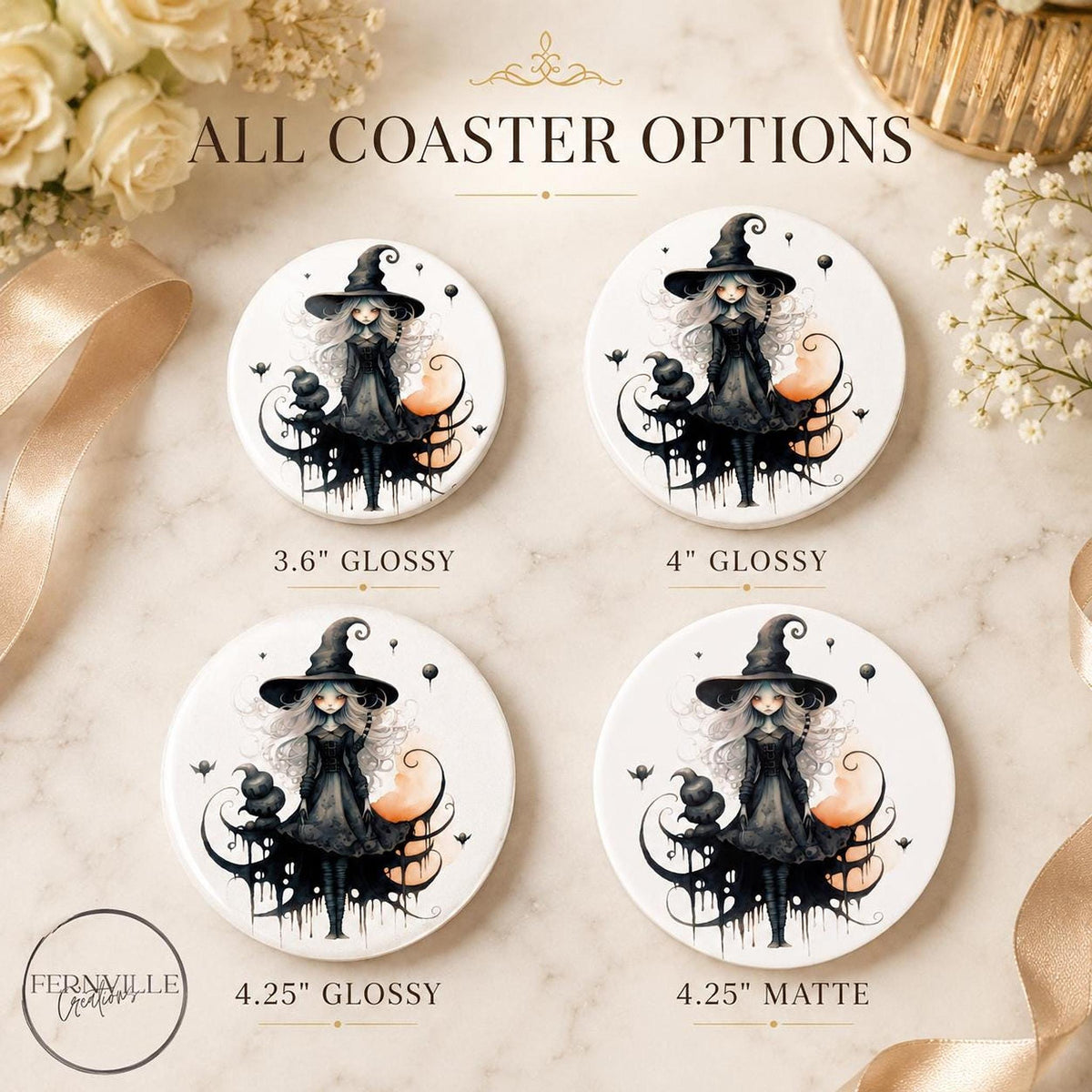 Witch Coaster with Whimsical Artwork, Round Ceramic Design for Gothic Decor