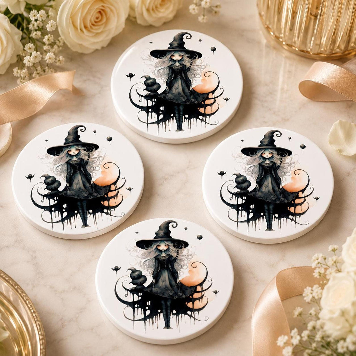 Witch Coaster with Whimsical Artwork, Round Ceramic Design for Gothic Decor