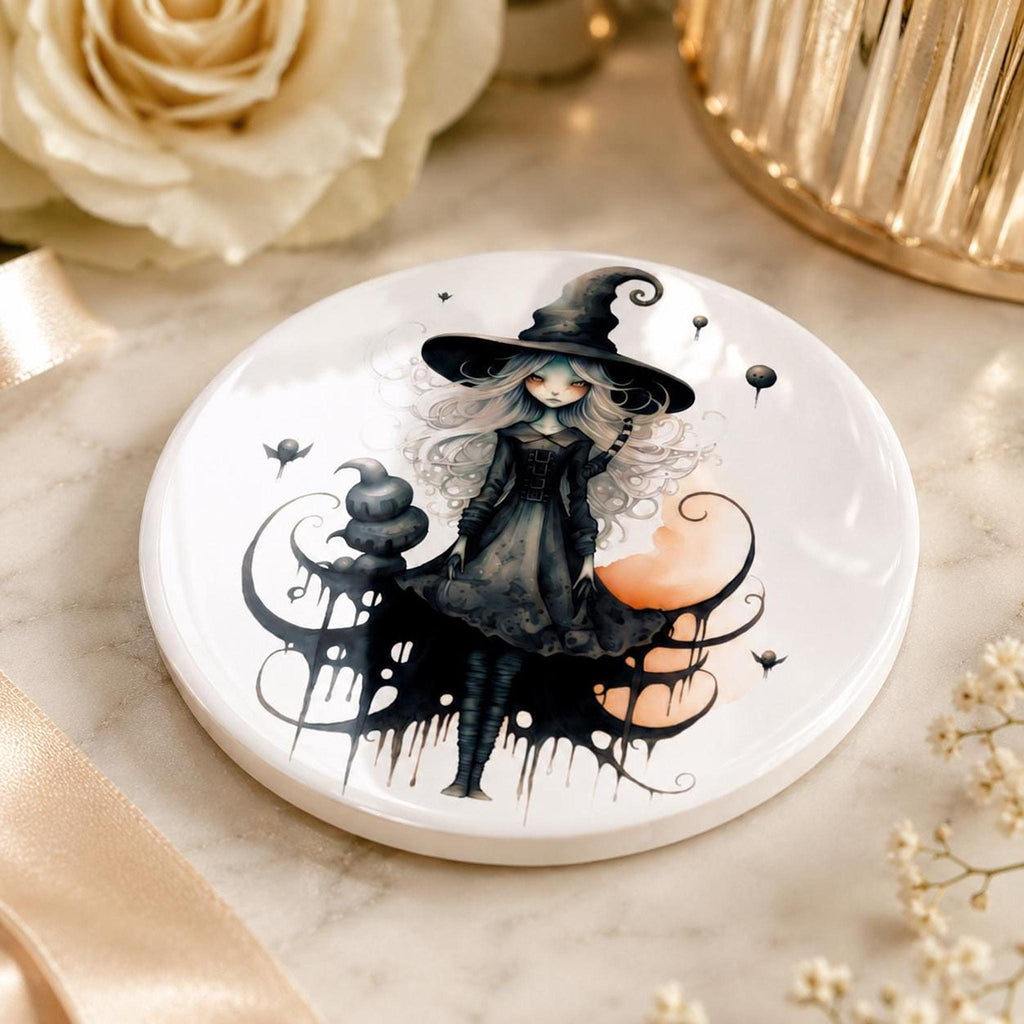 Witch Coaster with Whimsical Artwork, Round Ceramic Design for Gothic Decor