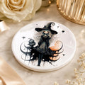 Witch Coaster with Whimsical Artwork, Round Ceramic Design for Gothic Decor