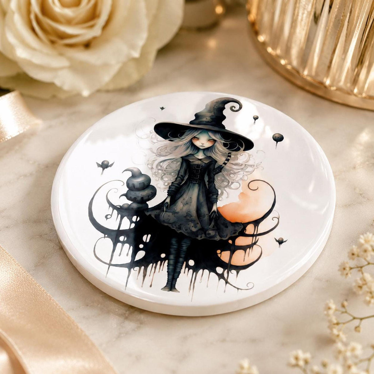 Witch Coaster with Whimsical Artwork, Round Ceramic Design for Gothic Decor