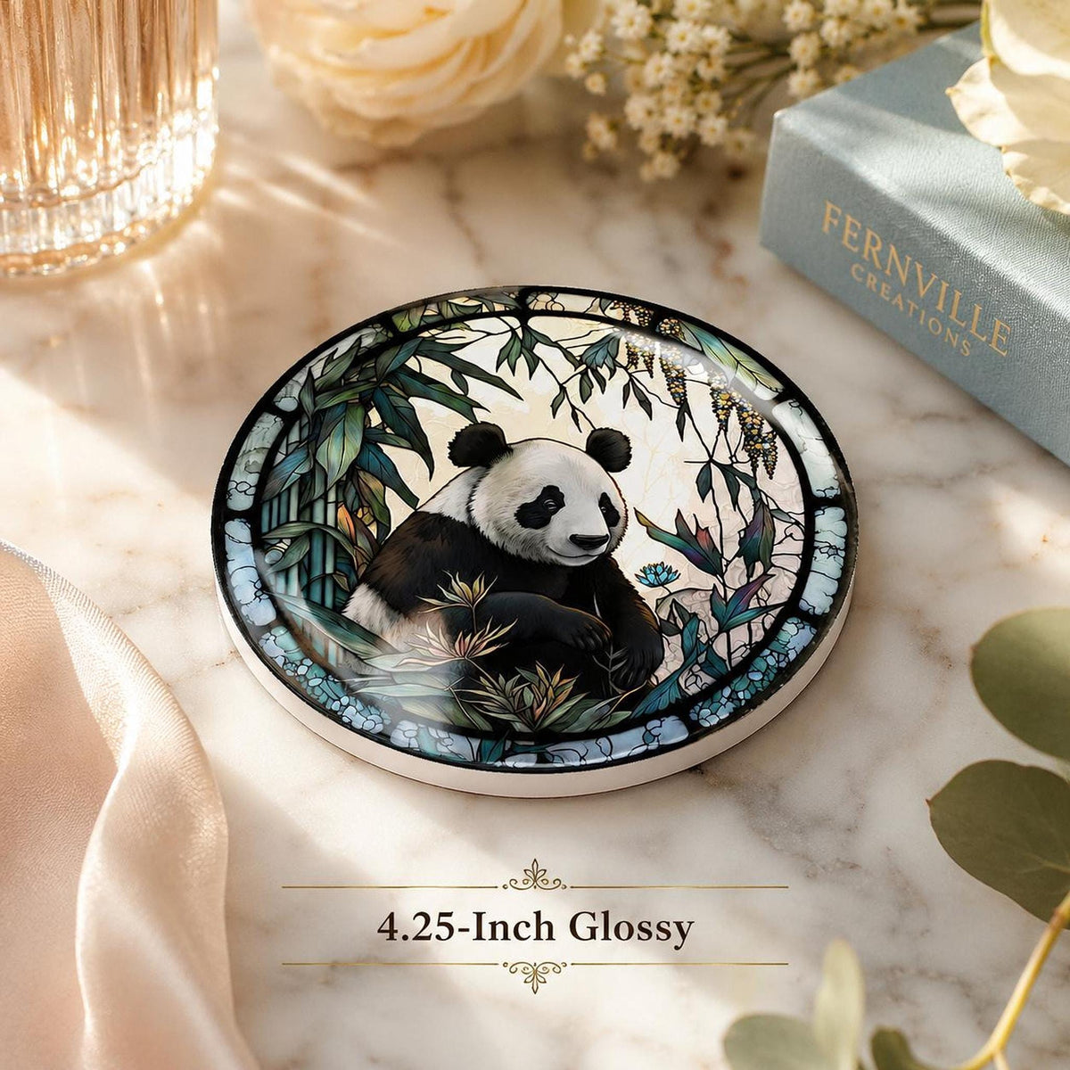 Panda Coaster, Round Ceramic Drink Mat with Botanical Artwork