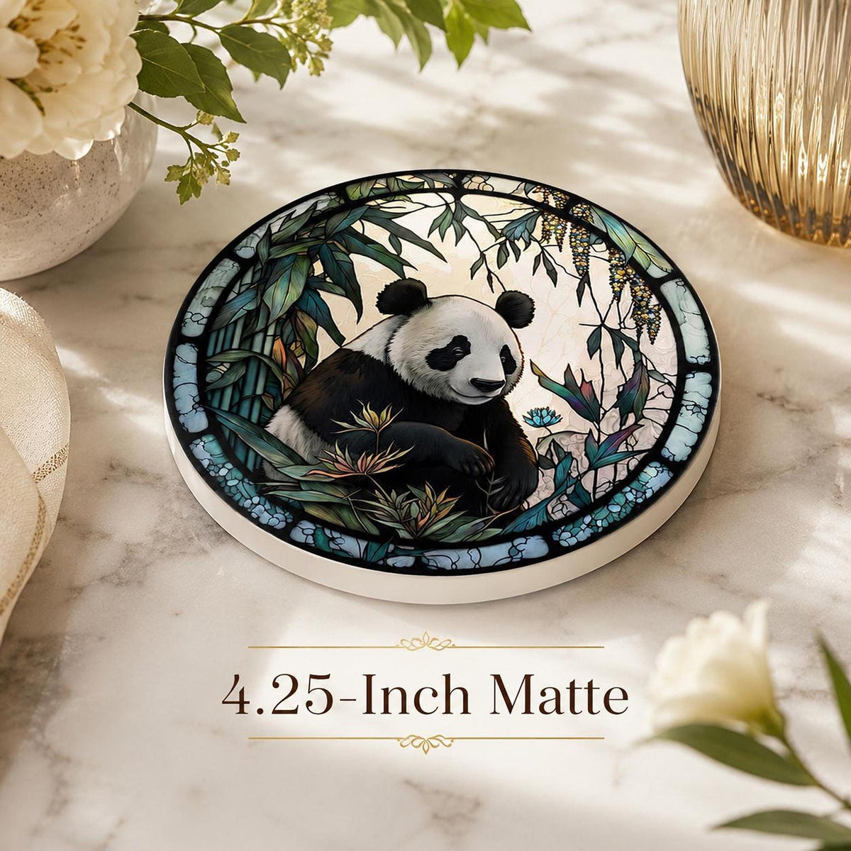 Panda Coaster, Round Ceramic Drink Mat with Botanical Artwork