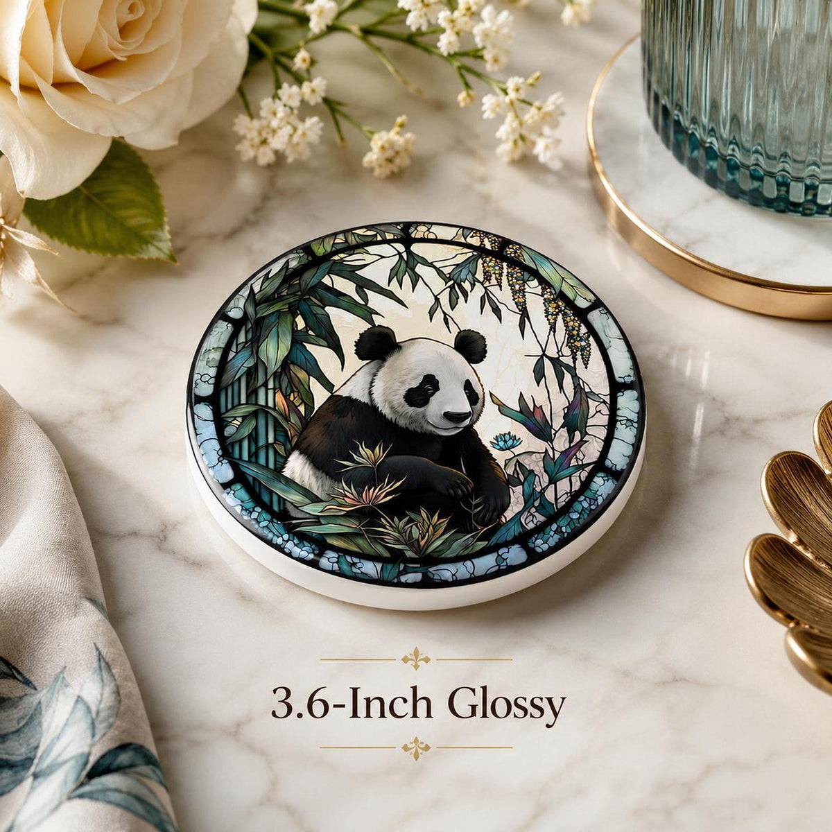 Panda Coaster, Round Ceramic Drink Mat with Botanical Artwork
