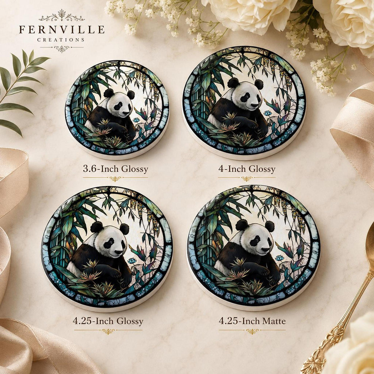 Panda Coaster, Round Ceramic Drink Mat with Botanical Artwork