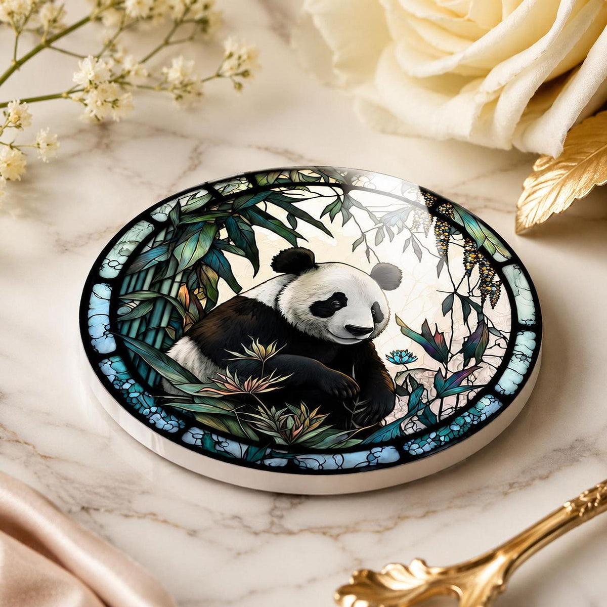 Panda Coaster, Round Ceramic Drink Mat with Botanical Artwork