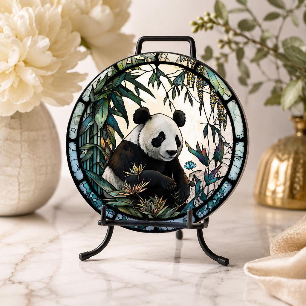 Panda Coaster, Round Ceramic Drink Mat with Botanical Artwork