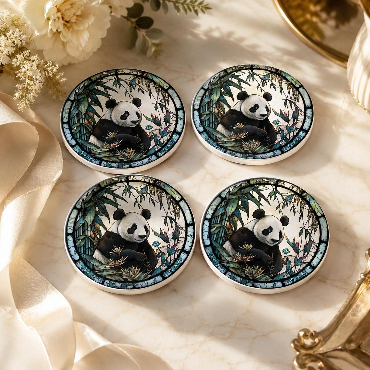 Panda Coaster, Round Ceramic Drink Mat with Botanical Artwork