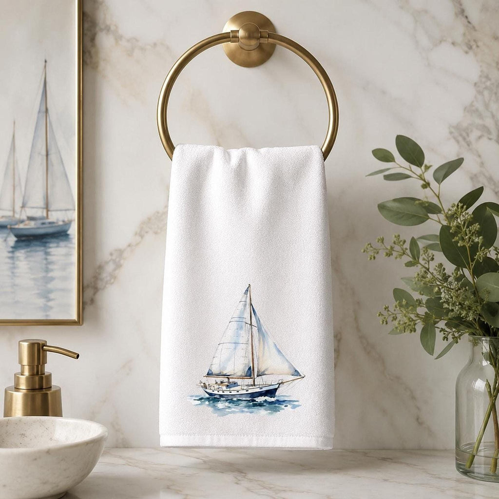 Sailboat Towel, Nautical Hand in Sheared Polyester and Cotton Terry Cloth for Coastal Decor