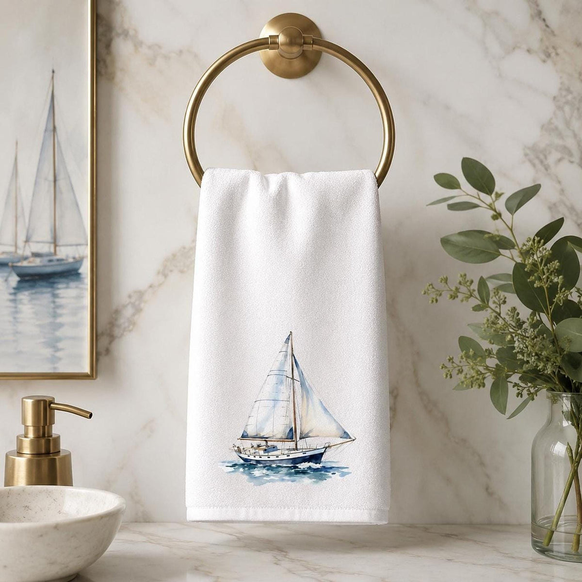 Sailboat Towel, Nautical Hand in Sheared Polyester and Cotton Terry Cloth for Coastal Decor