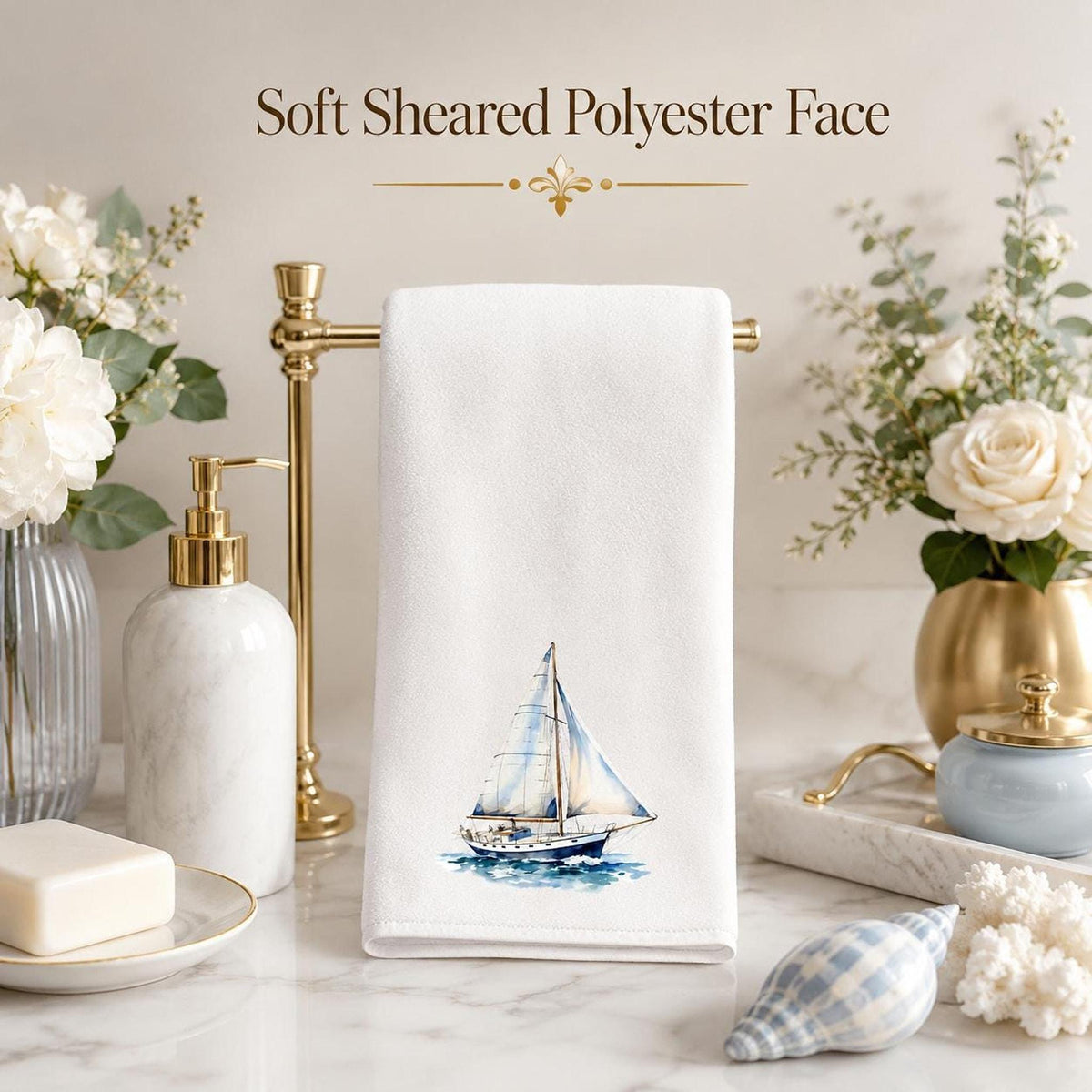 Sailboat Towel, Nautical Hand in Sheared Polyester and Cotton Terry Cloth for Coastal Decor