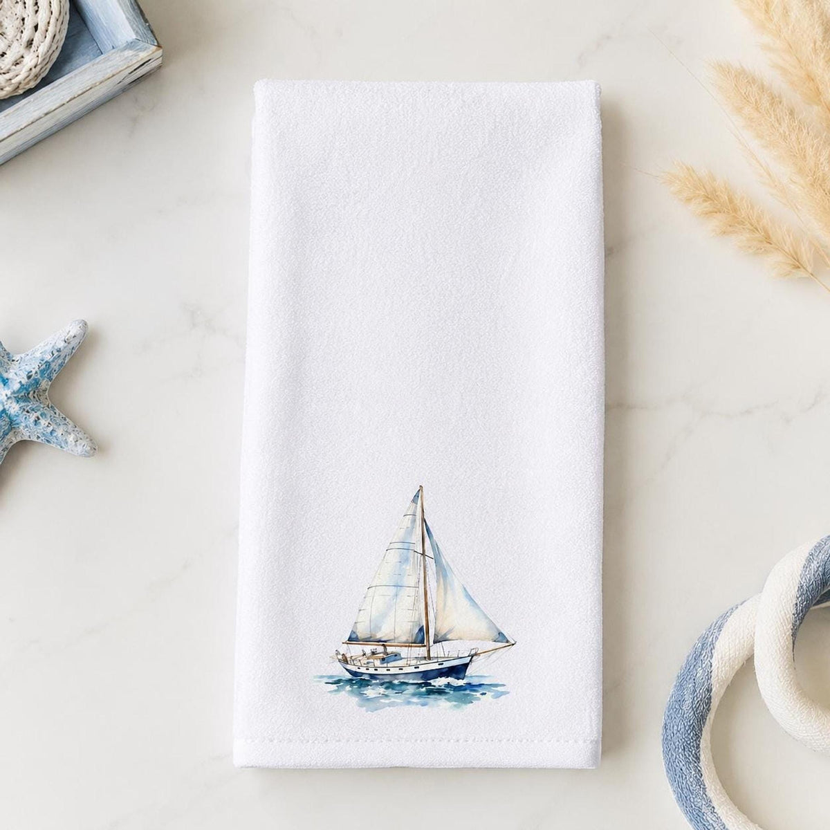 Sailboat Towel, Nautical Hand in Sheared Polyester and Cotton Terry Cloth for Coastal Decor