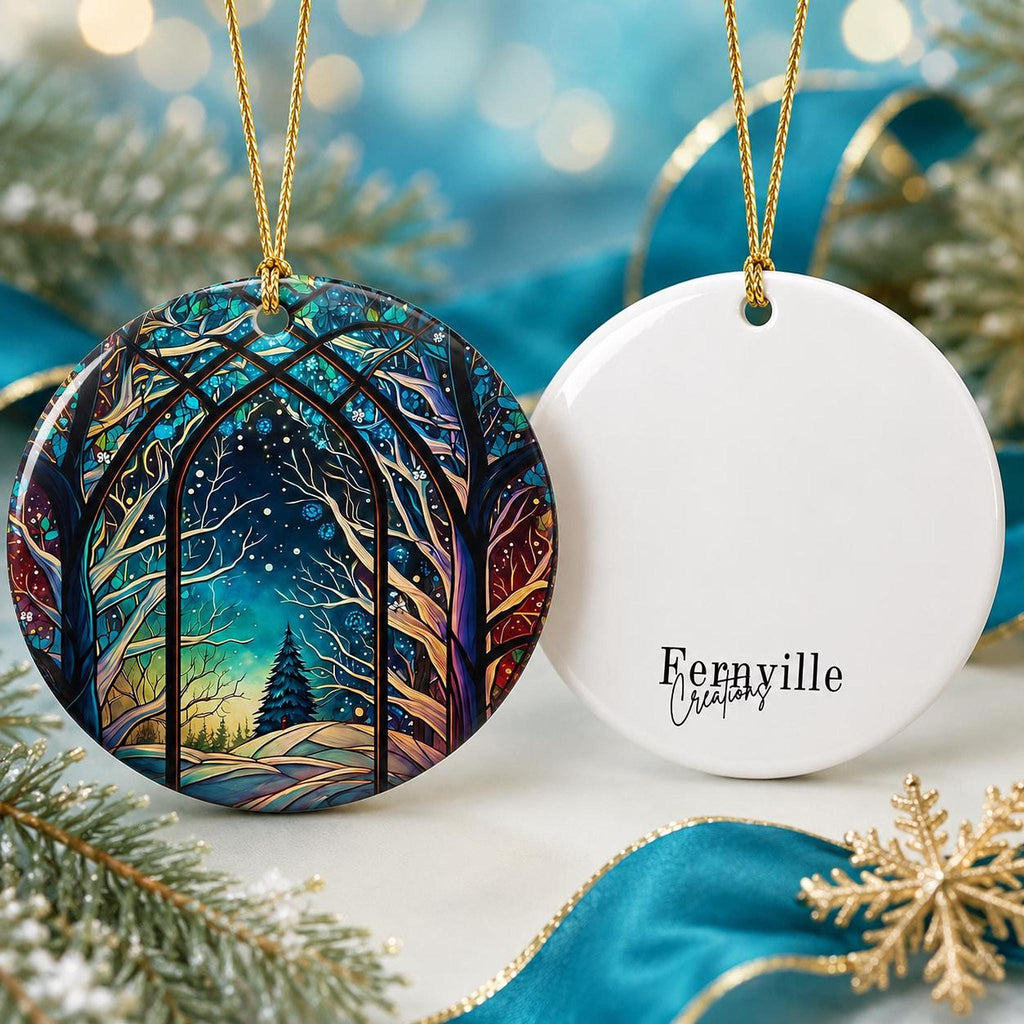 Winter Forest Decor Ceramic Ornament, Stained Glass Inspired Keepsake