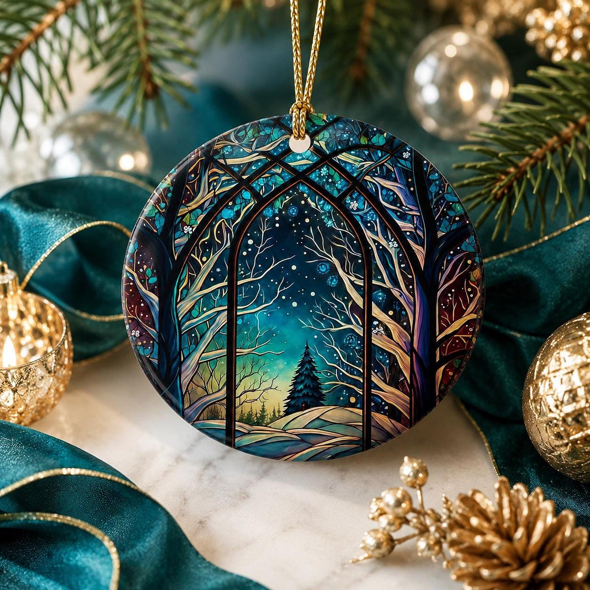 Winter Forest Decor Ceramic Ornament, Stained Glass Inspired Keepsake