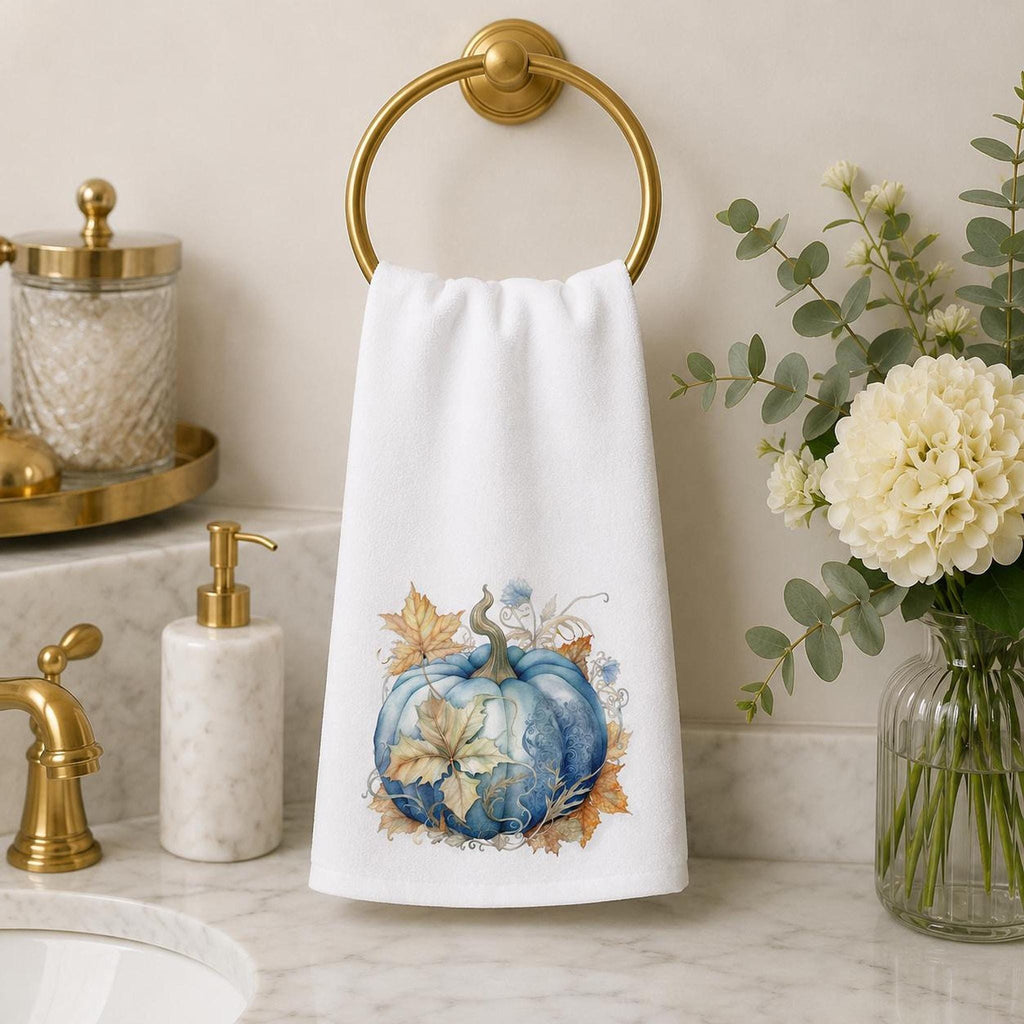 Fall Hand Towel with Blue Pumpkin Art, Luxury Kitchen and Bath Decor