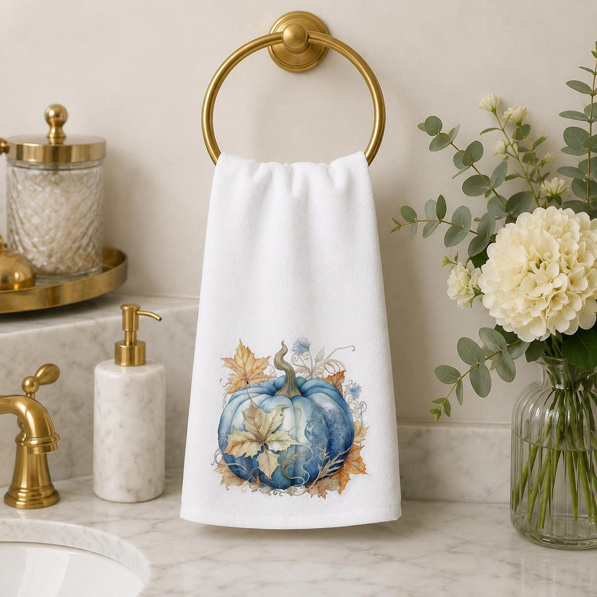 Fall Hand Towel with Blue Pumpkin Art, Luxury Kitchen and Bath Decor