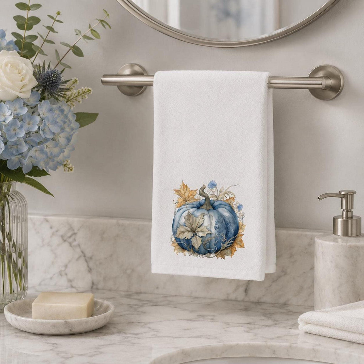 Fall Hand Towel with Blue Pumpkin Art, Luxury Kitchen and Bath Decor