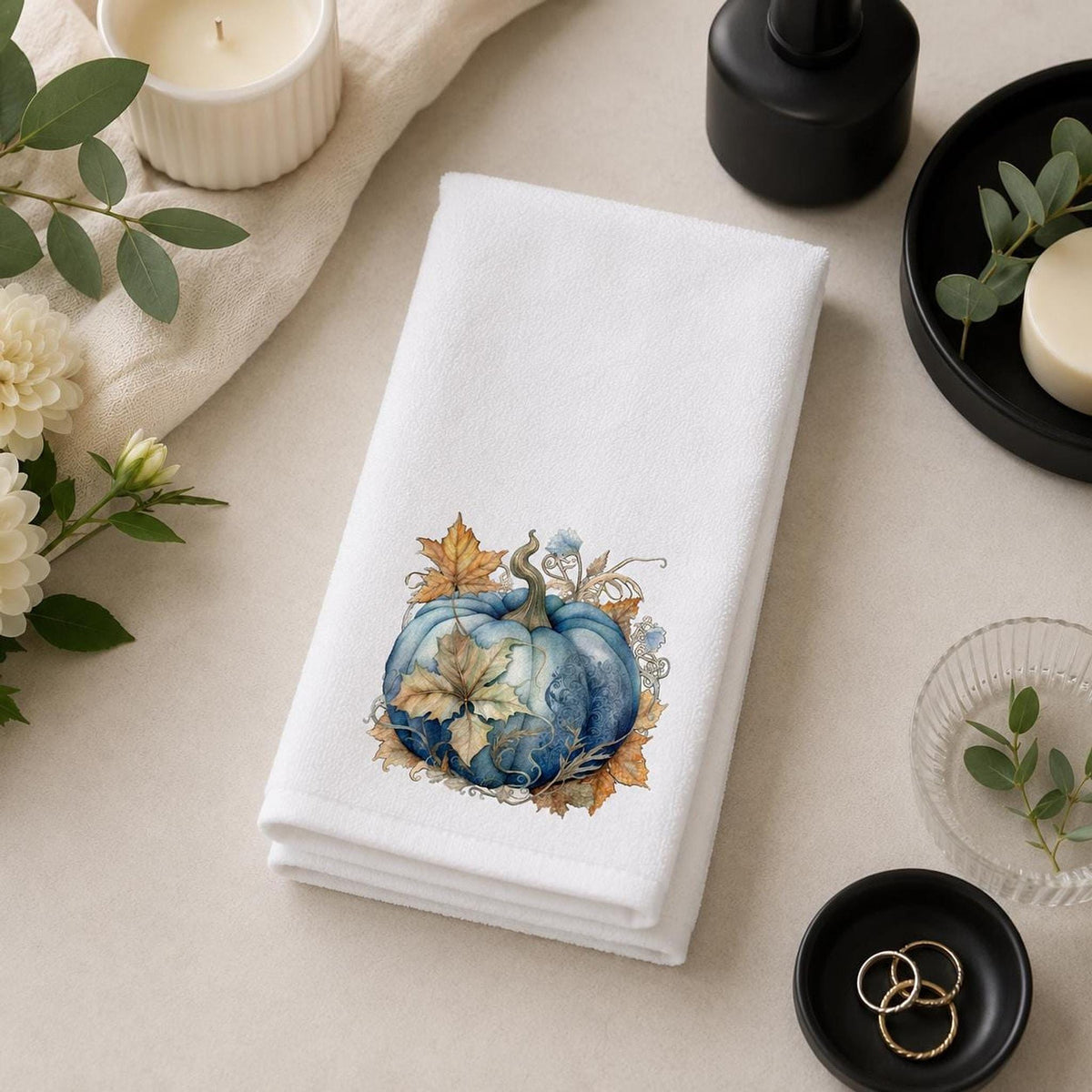 Fall Hand Towel with Blue Pumpkin Art, Luxury Kitchen and Bath Decor