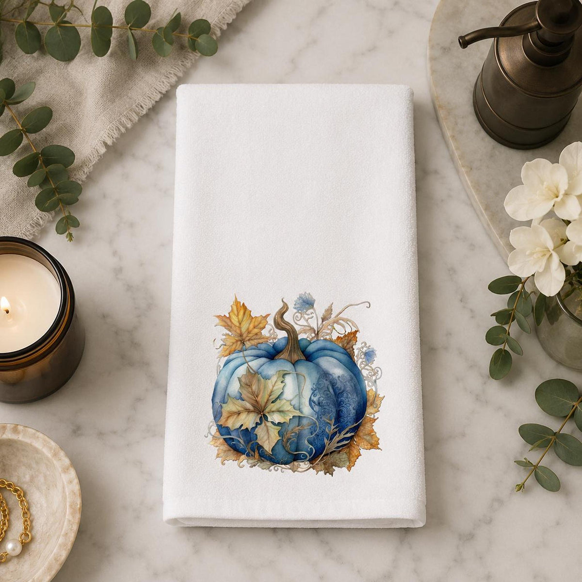 Fall Hand Towel with Blue Pumpkin Art, Luxury Kitchen and Bath Decor