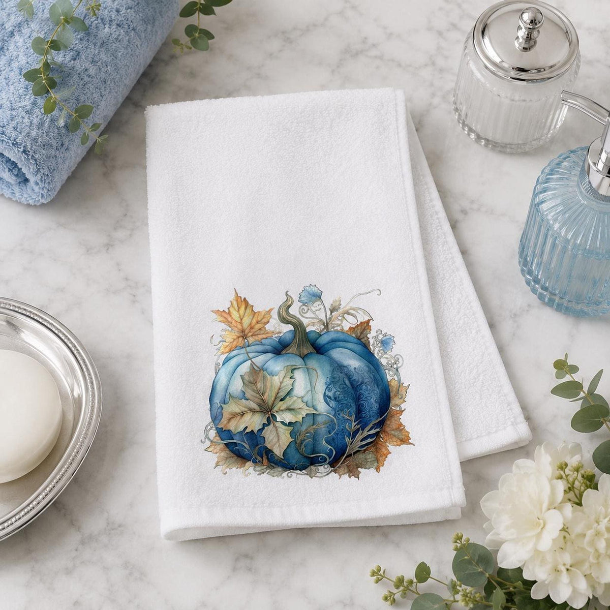 Fall Hand Towel with Blue Pumpkin Art, Luxury Kitchen and Bath Decor
