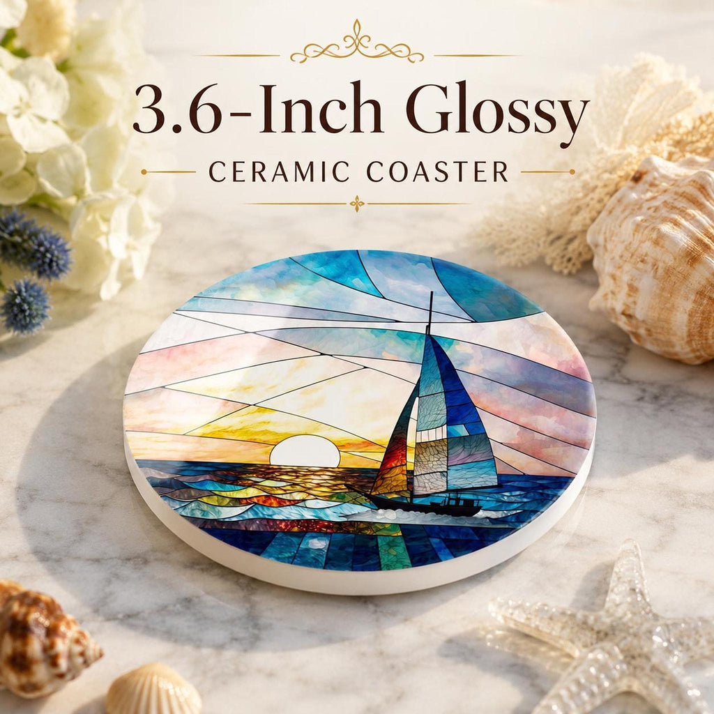 Sailboat Coaster, Round Ceramic Drink Holder with Nautical Sunset Design