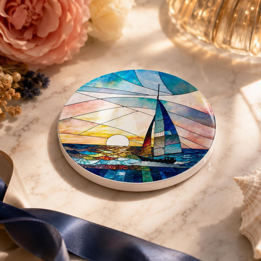 Sailboat Coaster, Round Ceramic Drink Holder with Nautical Sunset Design