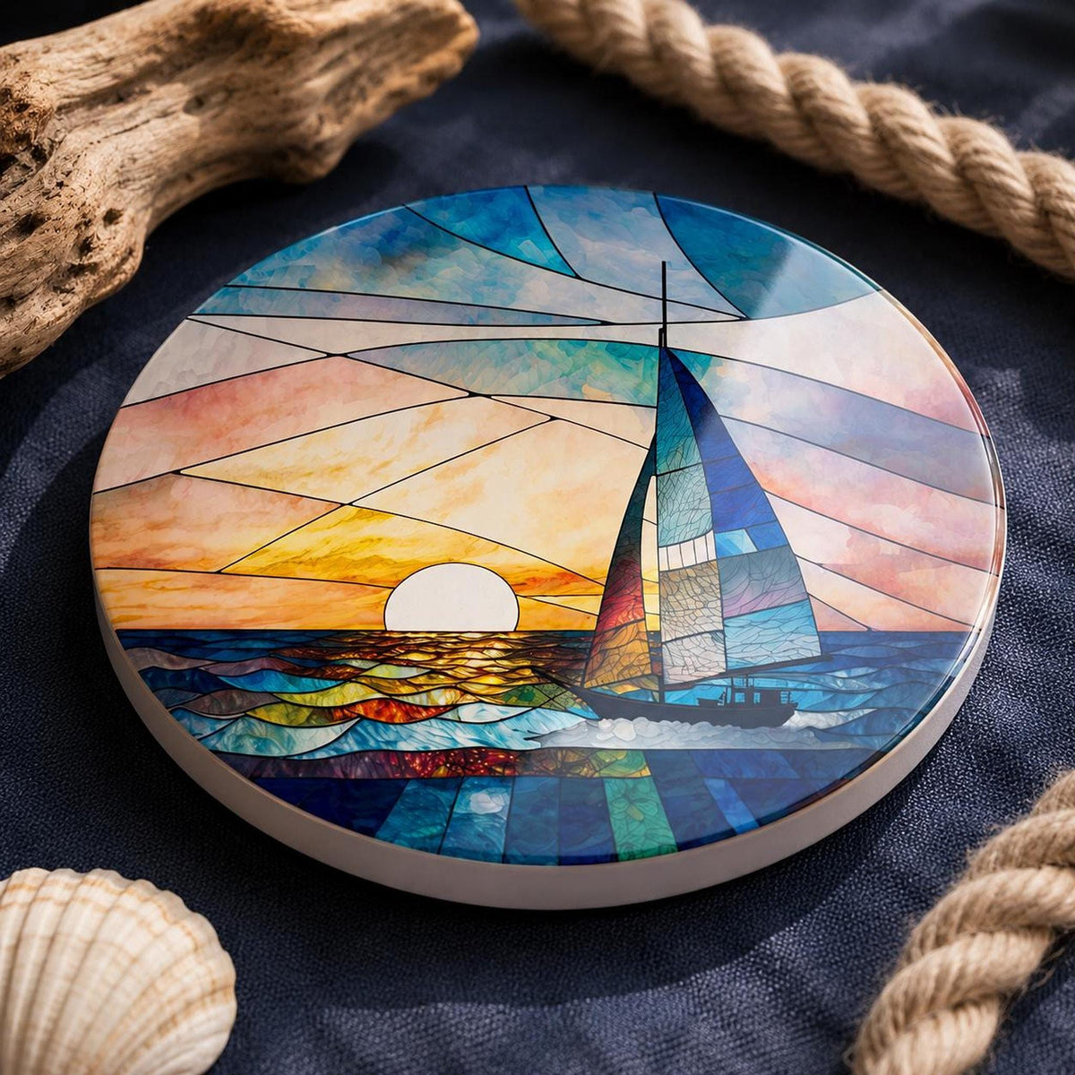 Sailboat Coaster, Round Ceramic Drink Holder with Nautical Sunset Design