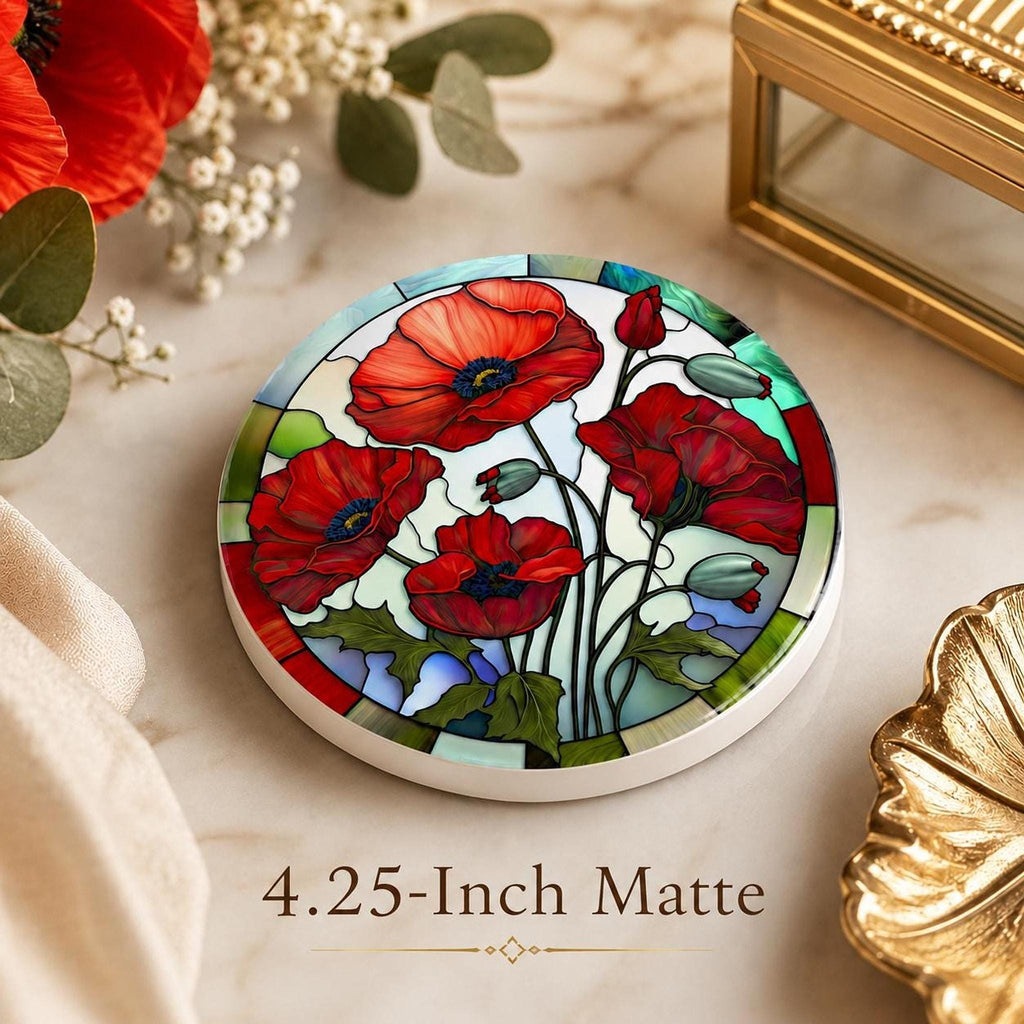 Red Poppy Coaster, Round Ceramic Drink Mat with Floral Design
