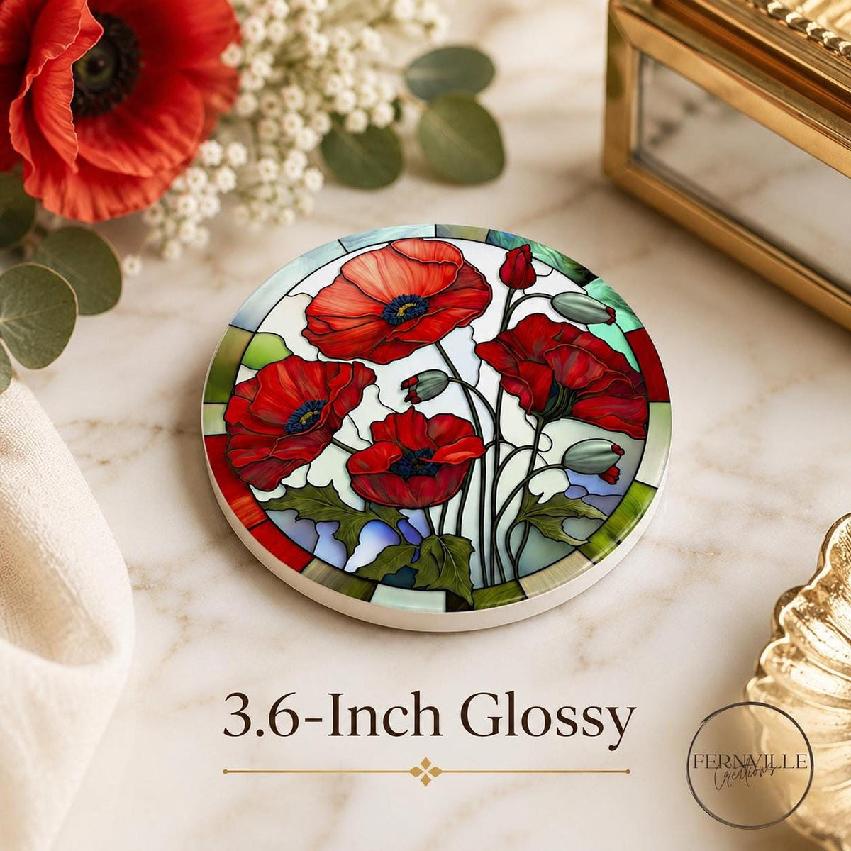 Red Poppy Coaster, Round Ceramic Drink Mat with Floral Design