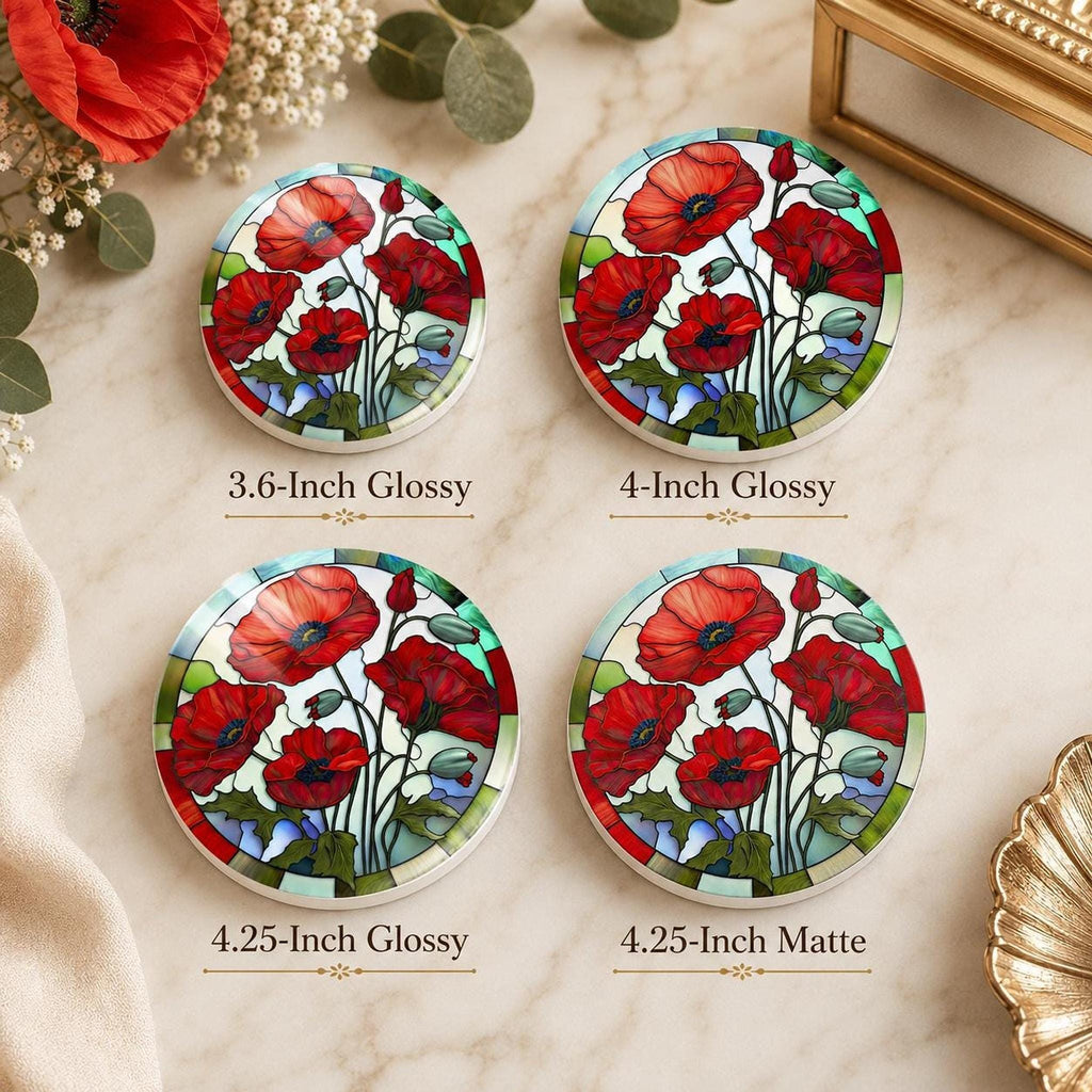 Red Poppy Coaster, Round Ceramic Drink Mat with Floral Design