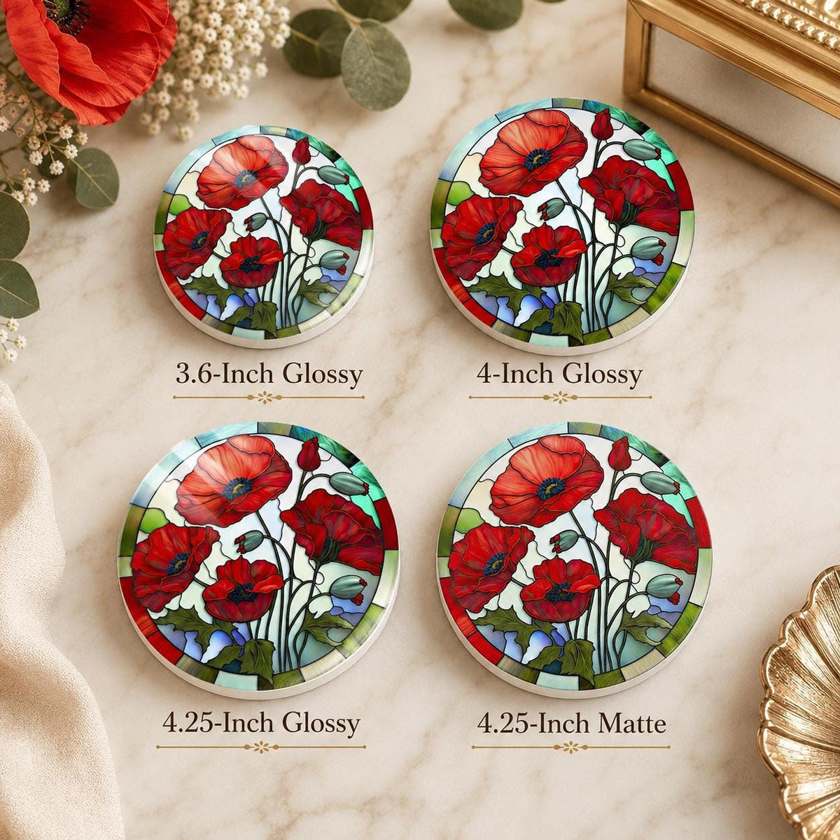 Red Poppy Coaster, Round Ceramic Drink Mat with Floral Design