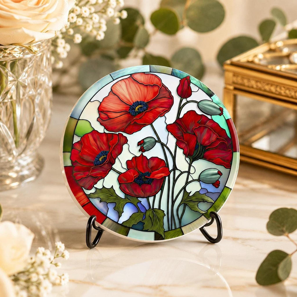 Red Poppy Coaster, Round Ceramic Drink Mat with Floral Design