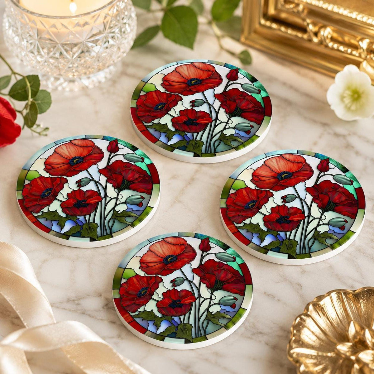 Red Poppy Coaster, Round Ceramic Drink Mat with Floral Design