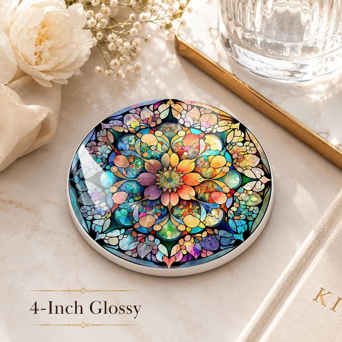 Mandala Coaster, Colorful Ceramic Drink Mat with Floral Mosaic Design