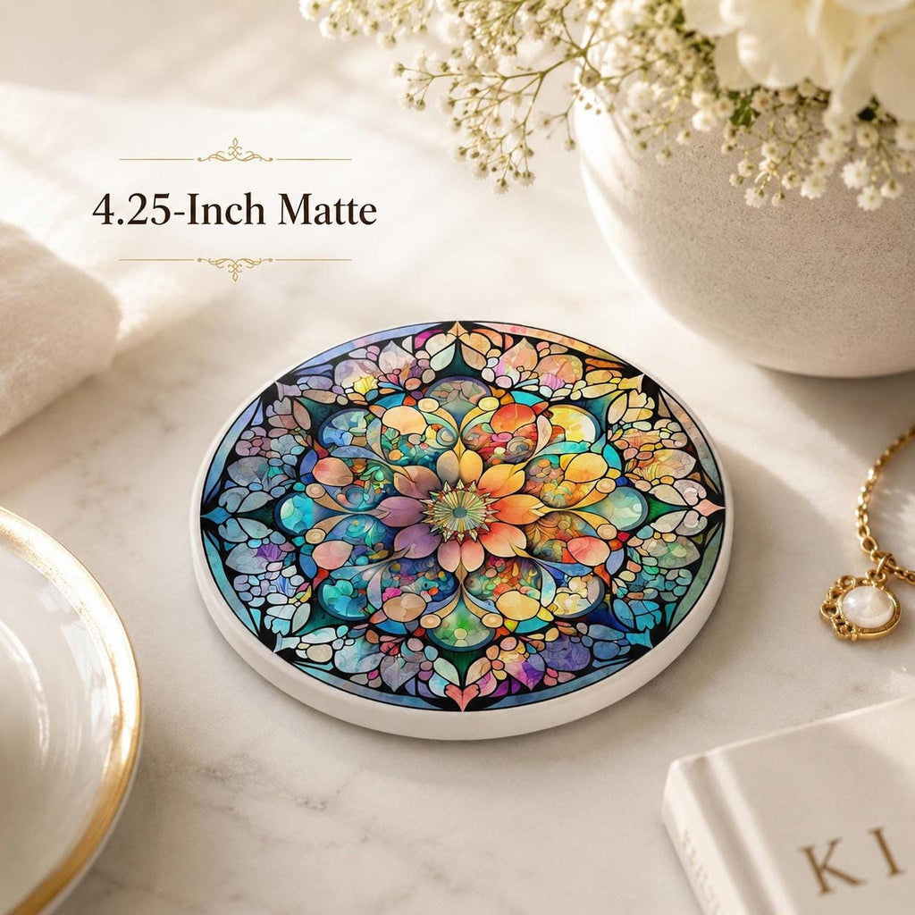 Mandala Coaster, Colorful Ceramic Drink Mat with Floral Mosaic Design