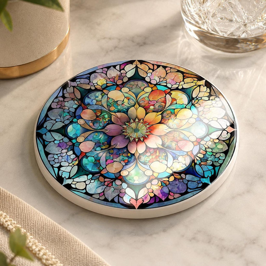 Mandala Coaster, Colorful Ceramic Drink Mat with Floral Mosaic Design