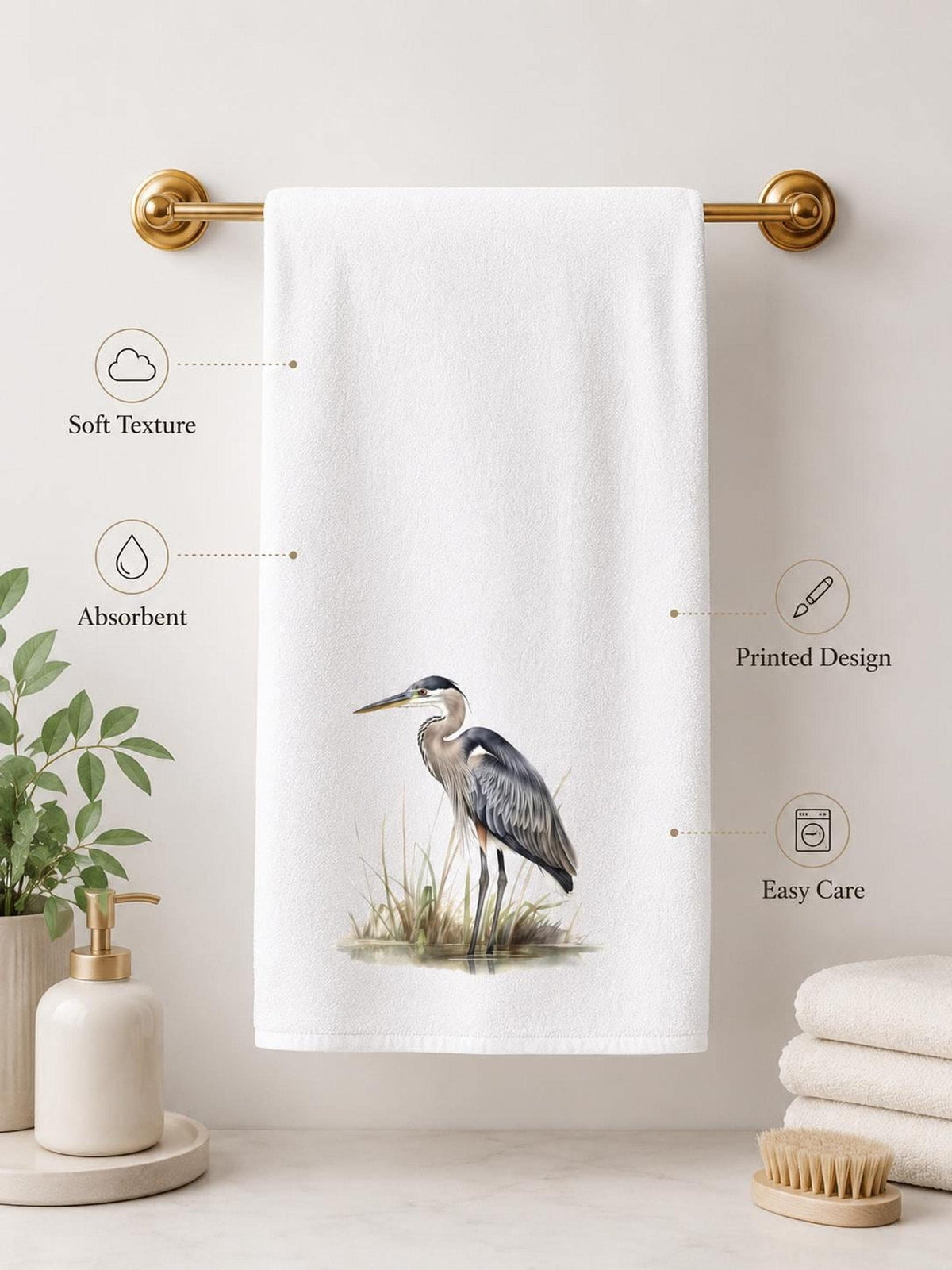 Heron Towel, Blue Bird Hand for Coastal Bathroom Decor