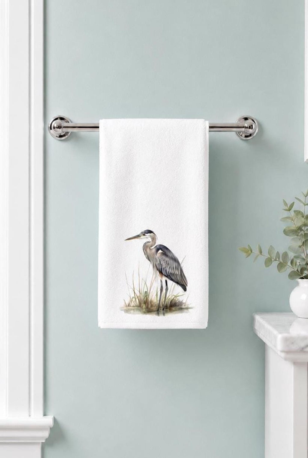 Heron Towel, Blue Bird Hand for Coastal Bathroom Decor
