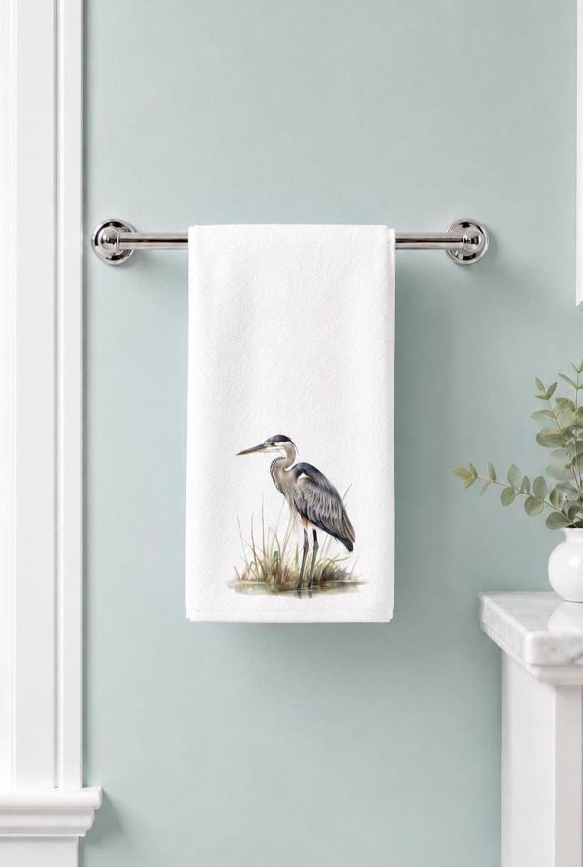 Heron Towel, Blue Bird Hand for Coastal Bathroom Decor