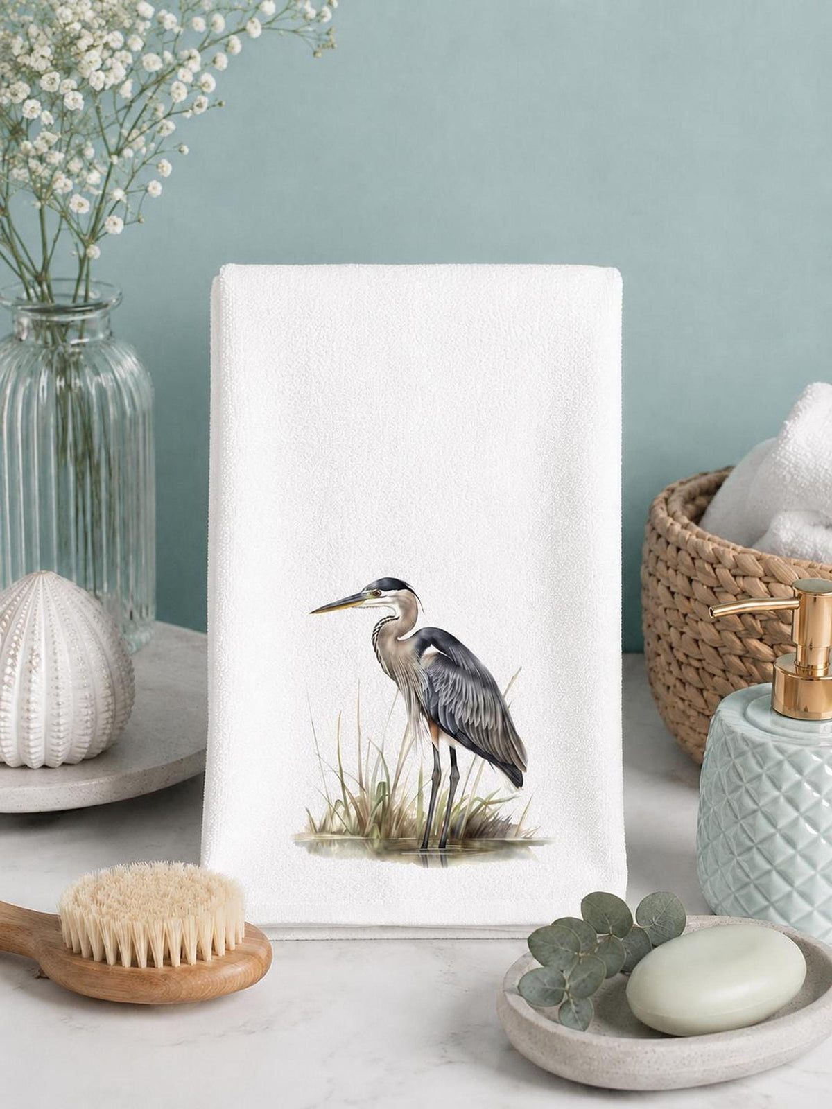 Heron Towel, Blue Bird Hand for Coastal Bathroom Decor
