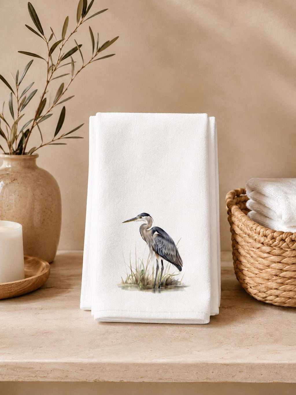 Heron Towel, Blue Bird Hand for Coastal Bathroom Decor