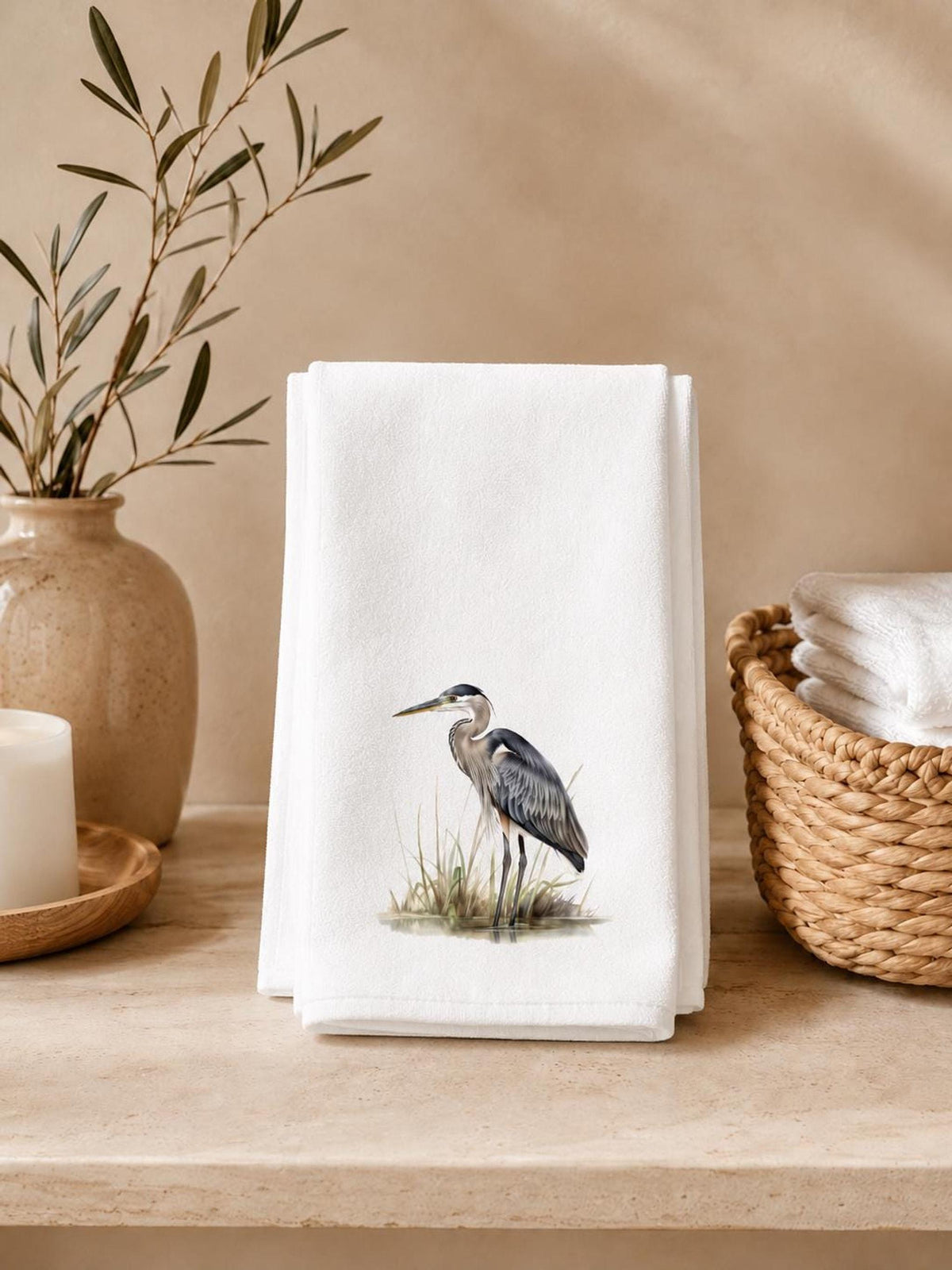 Heron Towel, Blue Bird Hand for Coastal Bathroom Decor