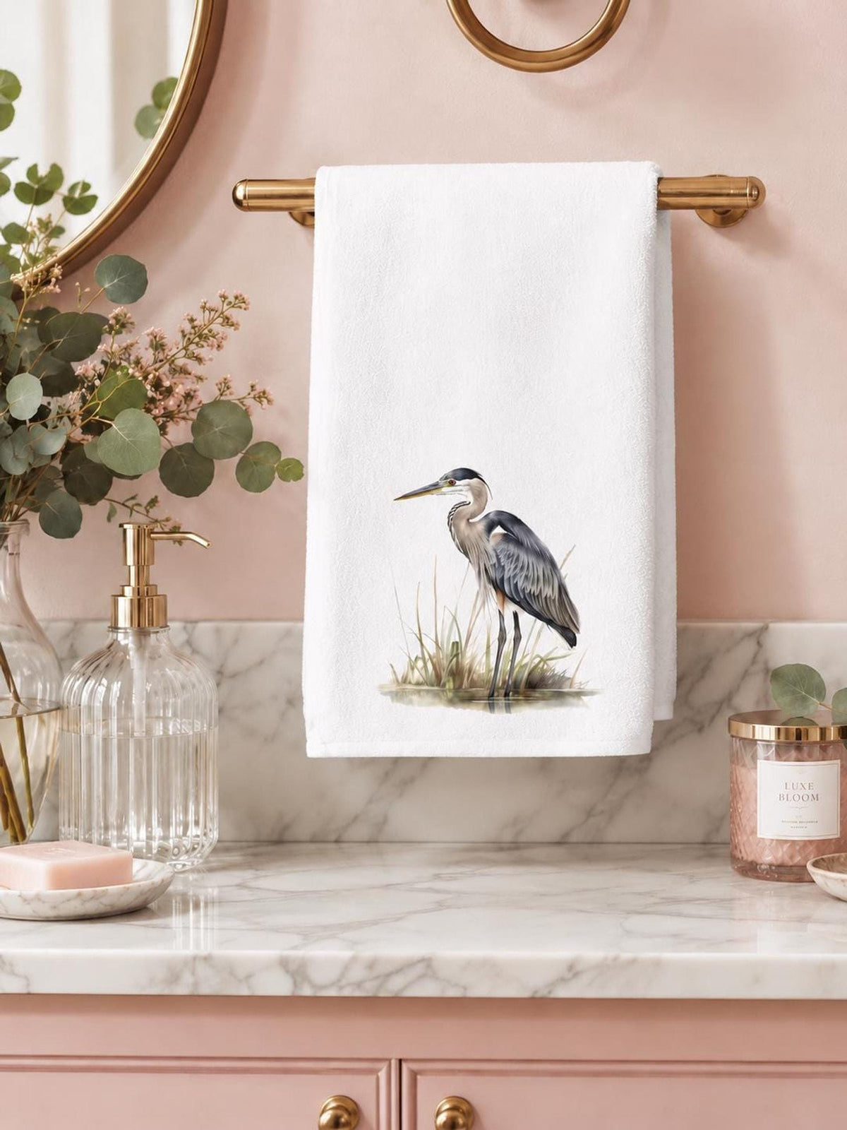 Heron Towel, Blue Bird Hand for Coastal Bathroom Decor