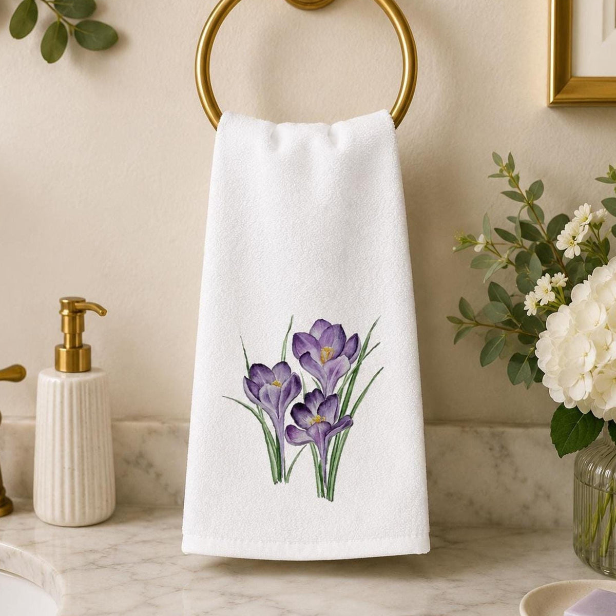 Floral Hand Towel with Purple Crocus Design, Soft Polyester & Cotton Terrycloth