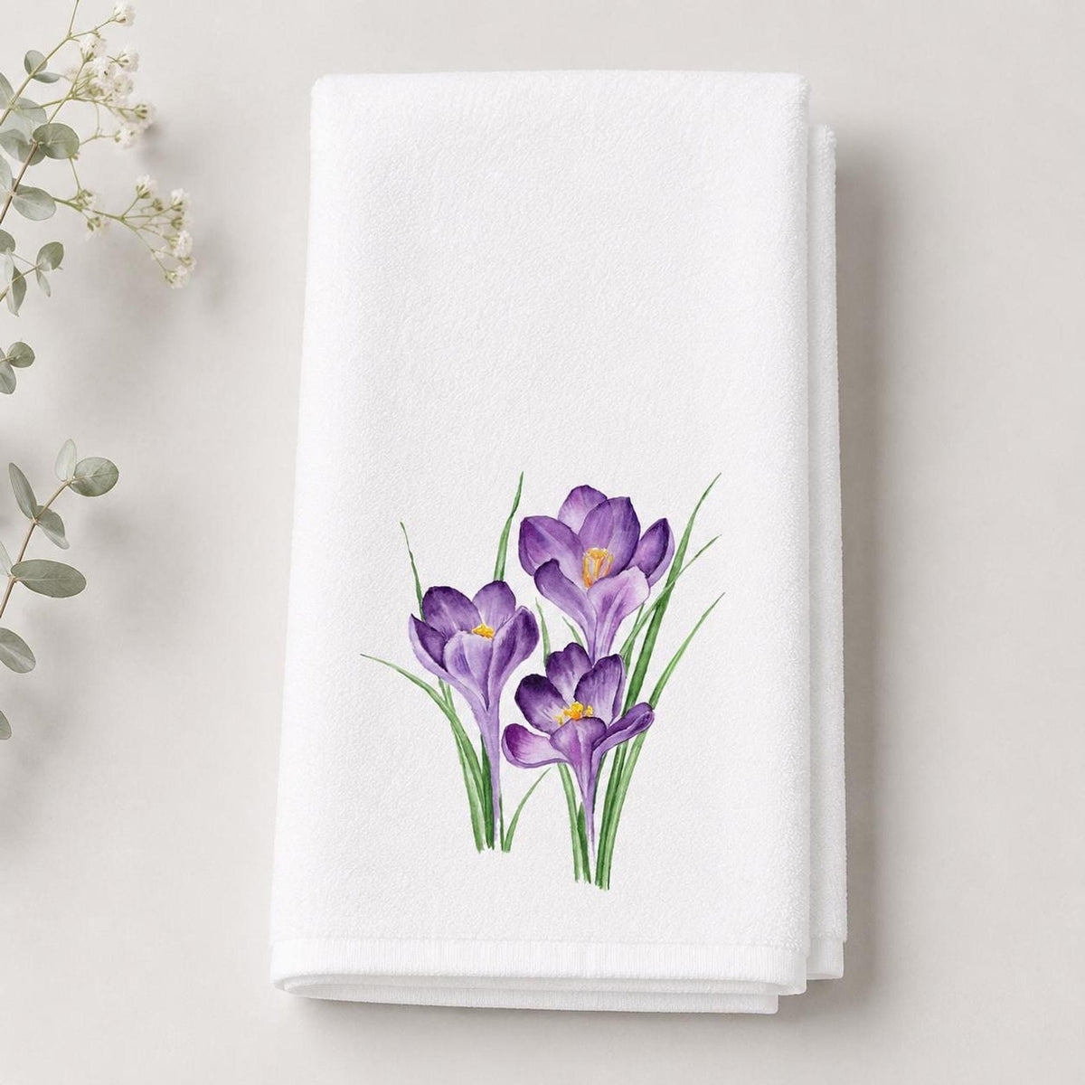 Floral Hand Towel with Purple Crocus Design, Soft Polyester & Cotton Terrycloth