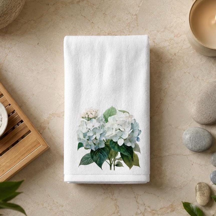 Hydrangea Fingertip Towel, White Floral Guest Bath Decor, Powder Room Accent