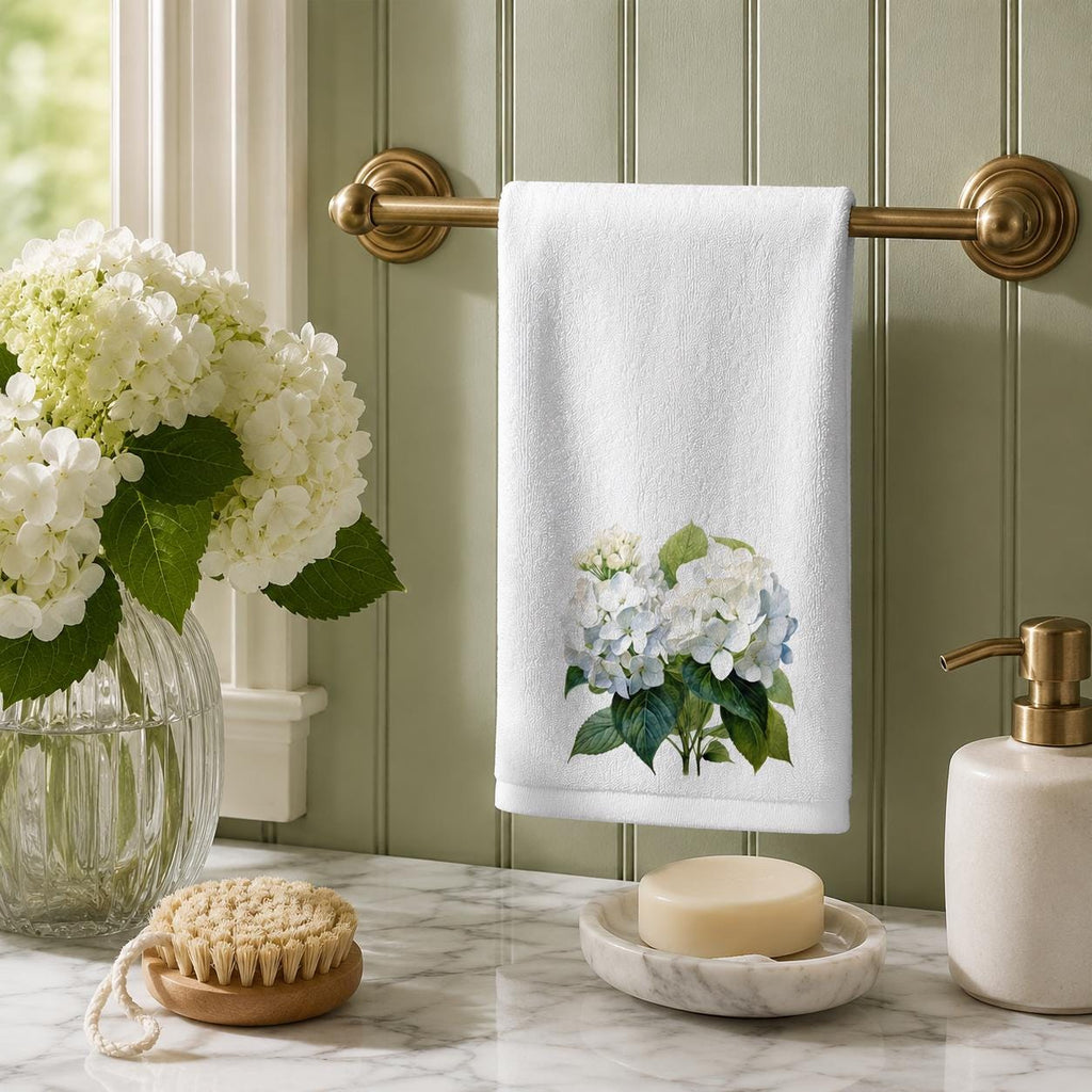 Hydrangea Fingertip Towel, White Floral Guest Bath Decor, Powder Room Accent