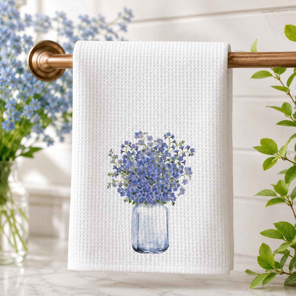 Forget Me Not Waffle Towel, Blue Floral Kitchen Accent with Personalization