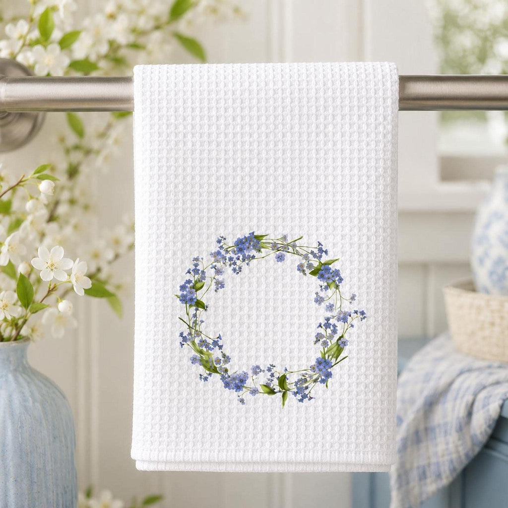 Forget Me Not Waffle Towel, Blue Floral Kitchen Accent with Personalization