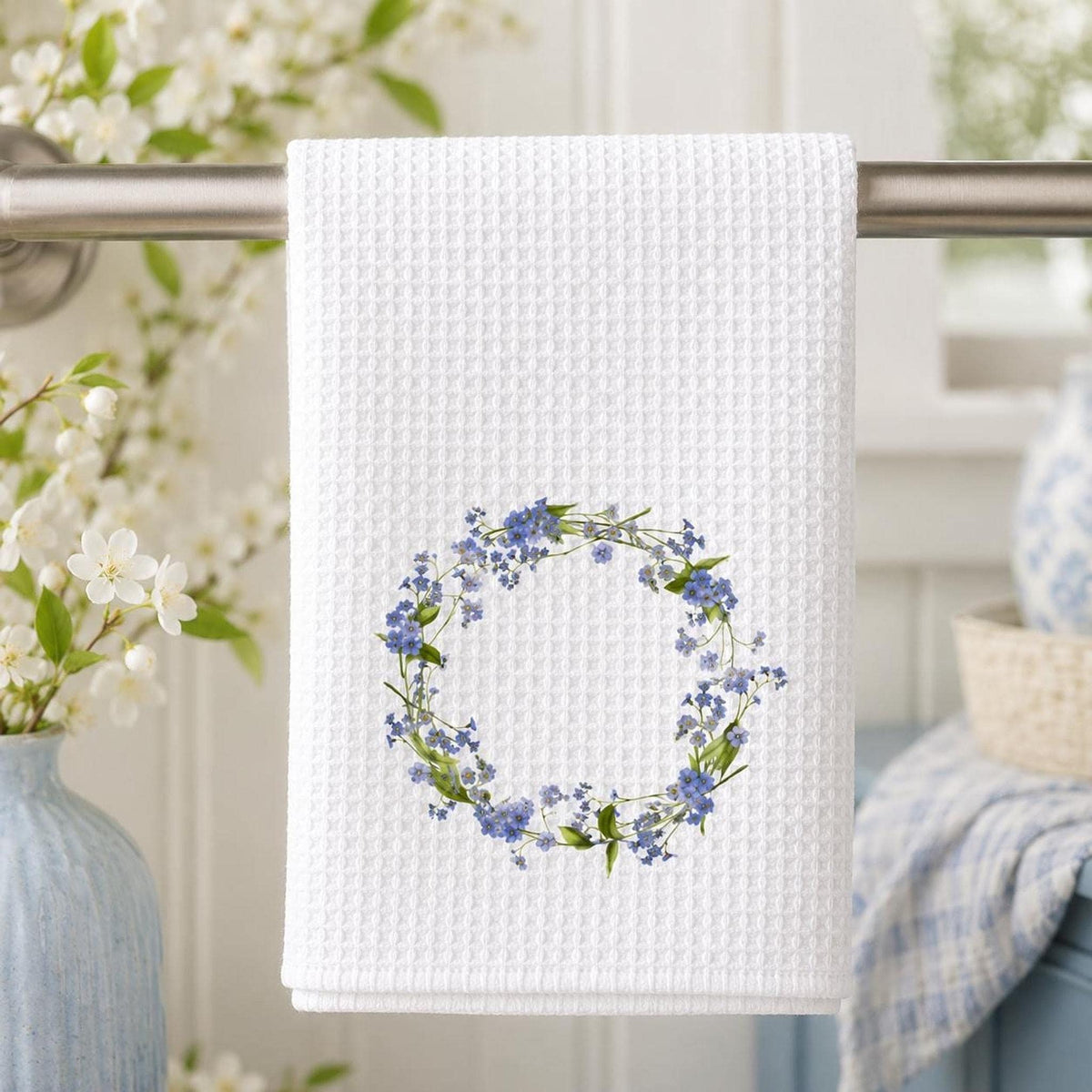 Forget Me Not Waffle Towel, Blue Floral Kitchen Accent with Personalization